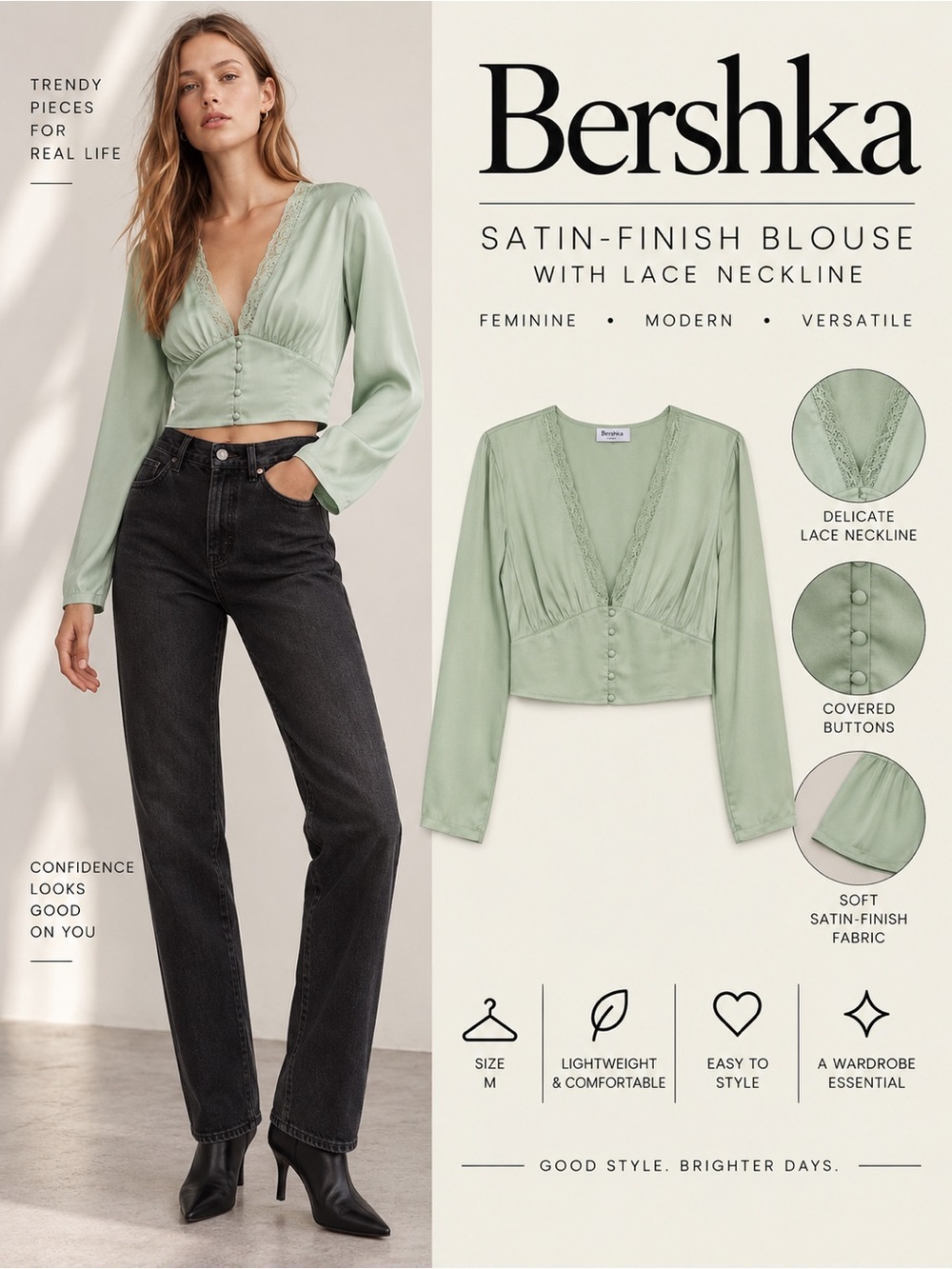 Bershka Mint Satin Lace Trim Button Crop Blouse Size M NWT 6169/413